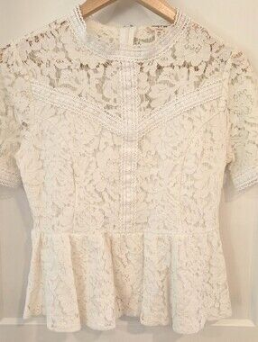 Sandy & Sid White Lace Peplum Blouse XS Cottagecore Romantic Boho Top